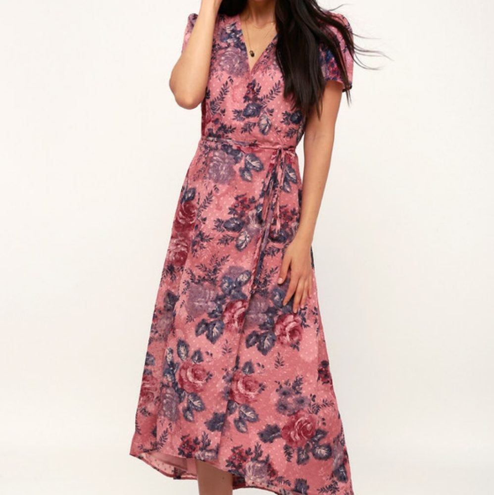 Pink Floral Print Midi Wrap Dress